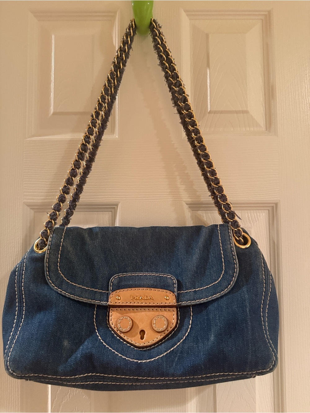 Prada Denim Shoulder Bag with Tan Leather Trim and Gold Chain